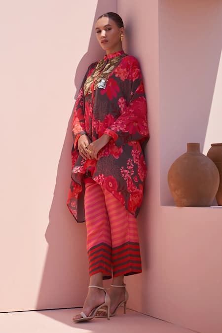 Archana Shah_Brown Bamboo Sequins, Embroidery Floral Print Kaftan Set With Striped Pant _Online_at_Aza_Fashions
