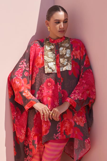 Buy_Archana Shah_Brown Bamboo Sequins, Embroidery Floral Print Kaftan Set With Striped Pant _Online_at_Aza_Fashions