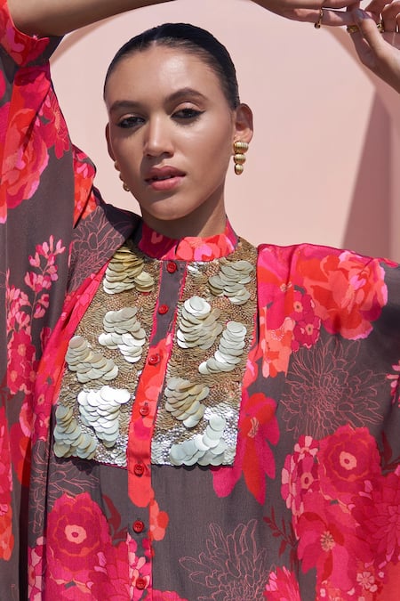 Shop_Archana Shah_Brown Bamboo Sequins, Embroidery Floral Print Kaftan Set With Striped Pant _Online_at_Aza_Fashions