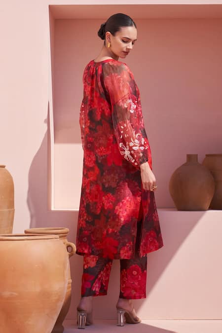Shop Archana Shah Brown Organza Embroidery, Sequins Round Neck Floral Print Kurta Set With Pant at Aza Fashions Shop_Archana Shah_Brown Organza Embroidery, Sequins Round Neck Floral Print Kurta Set With Pant _at_Aza_Fashions