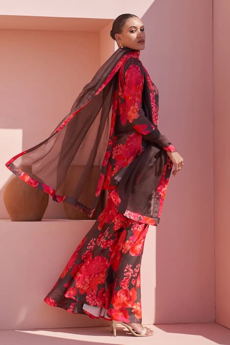 Shop Archana Shah Brown Bamboo, Chiffon Sequins, Embroidery Round Morroccan Floral Print Kurta Set at Aza Fashions Shop_Archana Shah_Brown Bamboo, Chiffon Sequins, Embroidery Round Morroccan Floral Print Kurta Set _at_Aza_Fashions