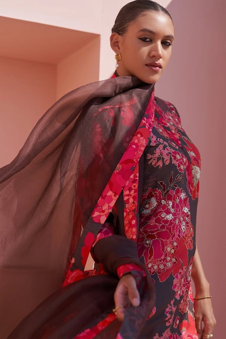 Archana Shah Brown Bamboo, Chiffon Sequins, Embroidery Round Morroccan Floral Print Kurta Set Online at Aza Fashions Archana Shah_Brown Bamboo, Chiffon Sequins, Embroidery Round Morroccan Floral Print Kurta Set _Online_at_Aza_Fashions