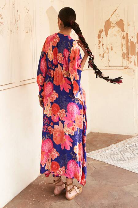 Archana Shah_Blue Sequins, Mirrors Round Neck Asymmetric Floral Kaftan Dress _Online_at_Aza_Fashions