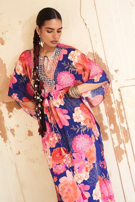 Buy_Archana Shah_Blue Sequins, Mirrors Round Neck Asymmetric Floral Kaftan Dress _Online_at_Aza_Fashions