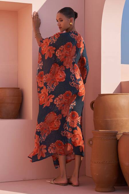 Shop Archana Shah Blue Bamboo Embroidery, Sequins, Mirrors Round Neck Floral Print Kaftan Dress at Aza Fashions Shop_Archana Shah_Blue Bamboo Embroidery, Sequins, Mirrors Round Neck Floral Print Kaftan Dress _at_Aza_Fashions