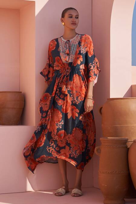 Archana Shah Blue Bamboo Embroidery, Sequins, Mirrors Round Neck Floral Print Kaftan Dress Online at Aza Fashions Archana Shah_Blue Bamboo Embroidery, Sequins, Mirrors Round Neck Floral Print Kaftan Dress _Online_at_Aza_Fashions