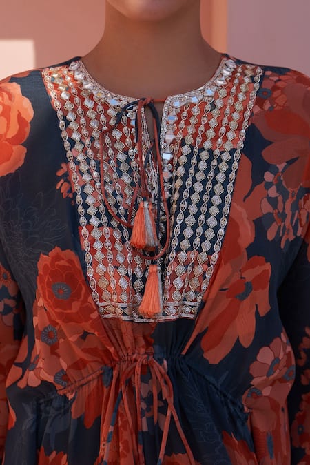 Shop Archana Shah Blue Bamboo Embroidery, Sequins, Mirrors Round Neck Floral Print Kaftan Dress Online at Aza Fashions Shop_Archana Shah_Blue Bamboo Embroidery, Sequins, Mirrors Round Neck Floral Print Kaftan Dress _Online_at_Aza_Fashions