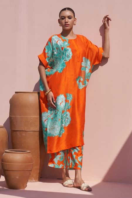 Archana Shah Floral Print Orange Kaftan With Pant 