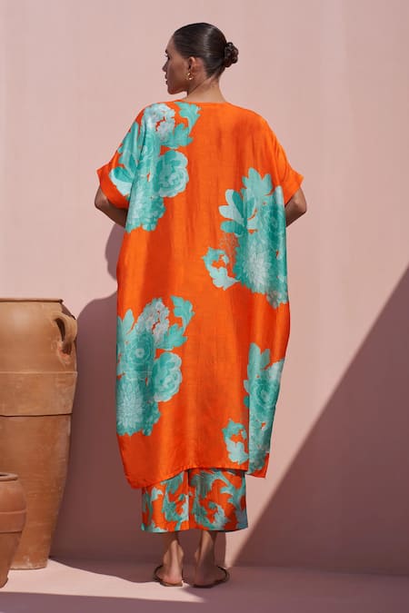 Shop Archana Shah Orange Bamboo, Silk Sequins, Beads Round Neck Floral Print Kaftan With Pant at Aza Fashions Shop_Archana Shah_Orange Bamboo, Silk Sequins, Beads Round Neck Floral Print Kaftan With Pant _at_Aza_Fashions