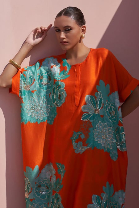 Buy Archana Shah Orange Bamboo, Silk Sequins, Beads Round Neck Floral Print Kaftan With Pant Online at Aza Fashions Buy_Archana Shah_Orange Bamboo, Silk Sequins, Beads Round Neck Floral Print Kaftan With Pant _Online_at_Aza_Fashions
