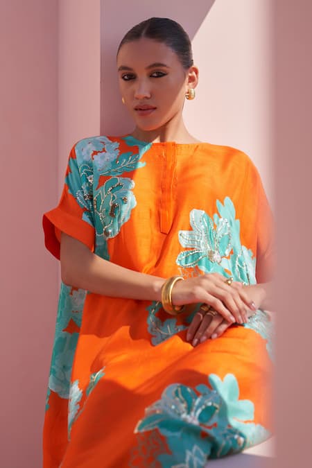 Shop Archana Shah Orange Bamboo, Silk Sequins, Beads Round Neck Floral Print Kaftan With Pant Online at Aza Fashions Shop_Archana Shah_Orange Bamboo, Silk Sequins, Beads Round Neck Floral Print Kaftan With Pant _Online_at_Aza_Fashions