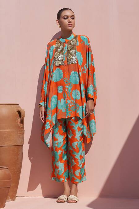 Archana Shah_Orange Crepe Sequins Button-down Neck Asymmetric Floral Print Kaftan And Pant Set _Online_at_Aza_Fashions