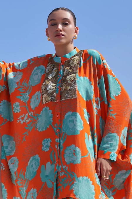Buy_Archana Shah_Orange Crepe Sequins Button-down Neck Asymmetric Floral Print Kaftan And Pant Set _Online_at_Aza_Fashions