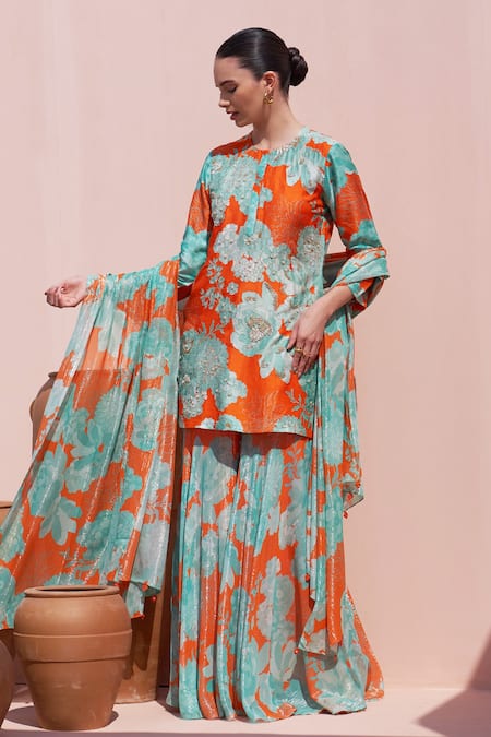 Archana Shah_Orange Organza, Bamboo Sequins, Embroidery Round Floral Print Kurta Sharara Set _Online_at_Aza_Fashions