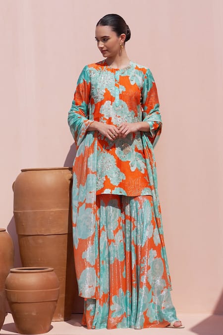Buy_Archana Shah_Orange Organza, Bamboo Sequins, Embroidery Round Floral Print Kurta Sharara Set _Online_at_Aza_Fashions