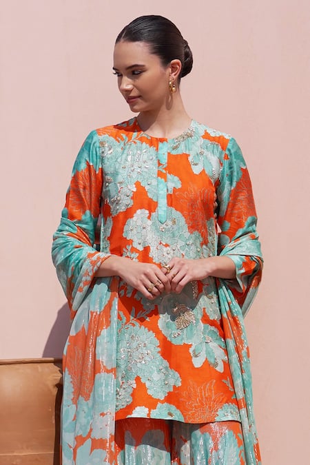 Shop_Archana Shah_Orange Organza, Bamboo Sequins, Embroidery Round Floral Print Kurta Sharara Set _Online_at_Aza_Fashions