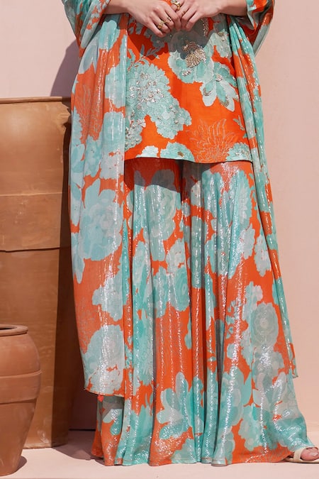 Archana Shah_Orange Organza, Bamboo Sequins, Embroidery Round Floral Print Kurta Sharara Set _at_Aza_Fashions