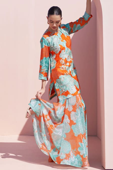 Buy_Archana Shah_Orange Organza, Bamboo Sequins, Embroidery Round Floral Print Kurta Sharara Set 