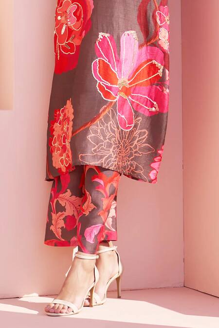 Shop_Archana Shah_Brown Bamboo Sequins, Embroidery Round Neck Floral Print Kaftan And Pant _Online_at_Aza_Fashions