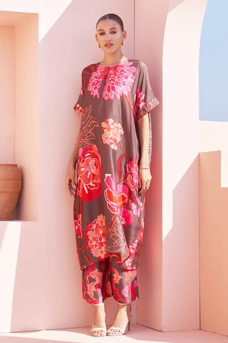 Archana Shah_Brown Bamboo Sequins, Embroidery Round Neck Floral Print Kaftan And Pant _at_Aza_Fashions