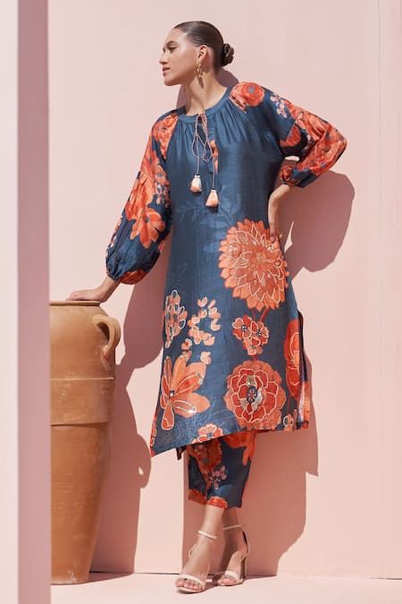 Shop Archana Shah Blue Bamboo Sequins Round Neck Navy Floral Print Kurta Set at Aza Fashions Shop_Archana Shah_Blue Bamboo Sequins Round Neck Navy Floral Print Kurta Set _at_Aza_Fashions