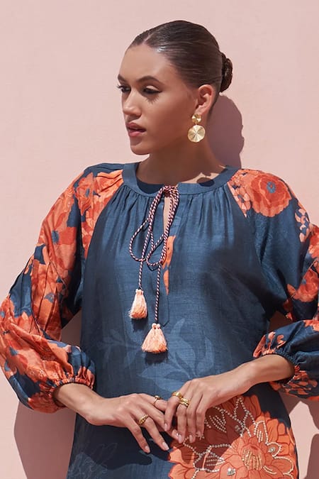 Buy Archana Shah Blue Bamboo Sequins Round Neck Navy Floral Print Kurta Set Online at Aza Fashions Buy_Archana Shah_Blue Bamboo Sequins Round Neck Navy Floral Print Kurta Set _Online_at_Aza_Fashions