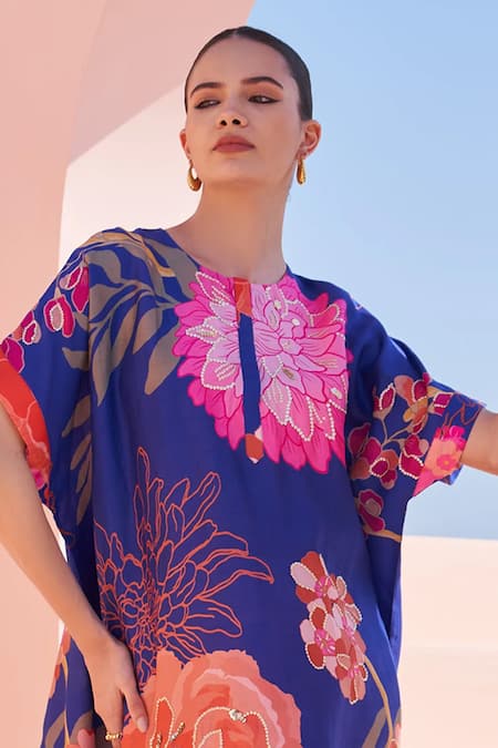 Shop_Archana Shah_Blue Bamboo, Silk Sequins, Embroidery Round Neck Floral Kaftan Set _Online_at_Aza_Fashions