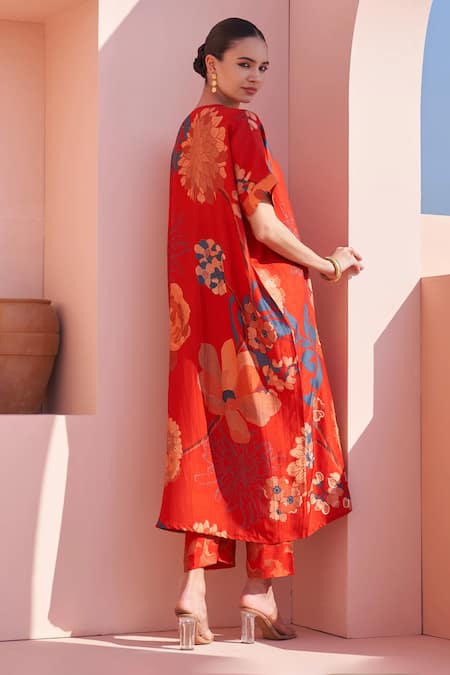 Shop Archana Shah Red Bamboo, Silk Sequins Round Neck Floral Kaftan And Leaf Pant at Aza Fashions Shop_Archana Shah_Red Bamboo, Silk Sequins Round Neck Floral Kaftan And Leaf Pant _at_Aza_Fashions