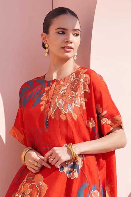 Archana Shah Red Bamboo, Silk Sequins Round Neck Floral Kaftan And Leaf Pant Online at Aza Fashions Archana Shah_Red Bamboo, Silk Sequins Round Neck Floral Kaftan And Leaf Pant _Online_at_Aza_Fashions