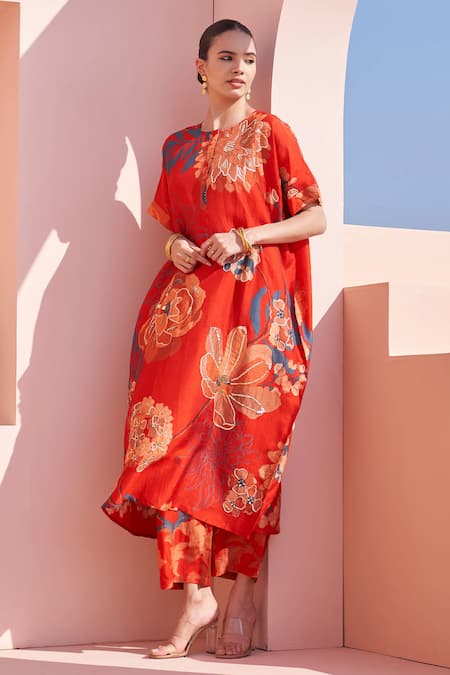 Buy Archana Shah Red Bamboo, Silk Sequins Round Neck Floral Kaftan And Leaf Pant Online at Aza Fashions Buy_Archana Shah_Red Bamboo, Silk Sequins Round Neck Floral Kaftan And Leaf Pant _Online_at_Aza_Fashions
