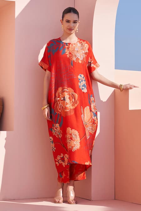 Shop Archana Shah Red Bamboo, Silk Sequins Round Neck Floral Kaftan And Leaf Pant Online at Aza Fashions Shop_Archana Shah_Red Bamboo, Silk Sequins Round Neck Floral Kaftan And Leaf Pant _Online_at_Aza_Fashions