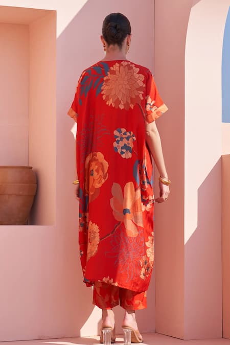 Buy Archana Shah Red Bamboo, Silk Sequins Round Neck Floral Kaftan And Leaf Pant Buy_Archana Shah_Red Bamboo, Silk Sequins Round Neck Floral Kaftan And Leaf Pant