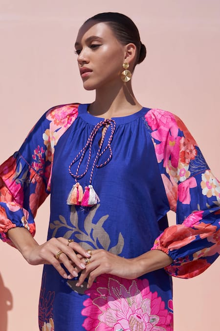 Shop Archana Shah Blue Bamboo, Crepe Sequins, Embroidery Round Floral Print Kurta Set With Pant Online at Aza Fashions Shop_Archana Shah_Blue Bamboo, Crepe Sequins, Embroidery Round Floral Print Kurta Set With Pant _Online_at_Aza_Fashions