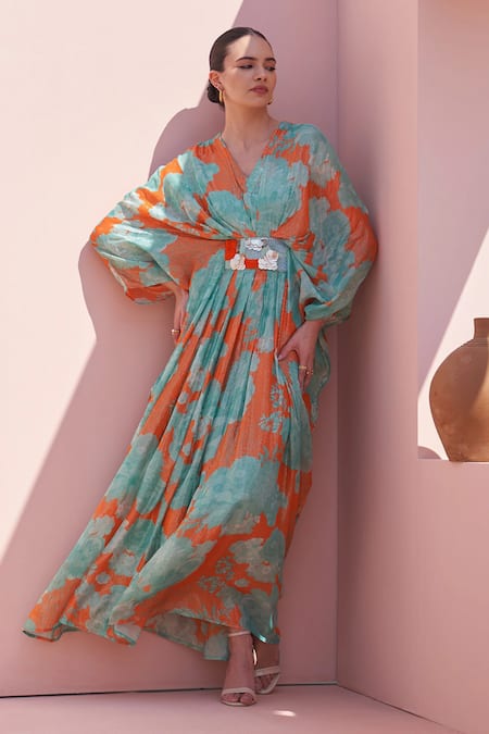 Archana Shah Orange Georgette Sequins V-neck Floral Embroidered Kaftan Dress Online at Aza Fashions Archana Shah_Orange Georgette Sequins V-neck Floral Embroidered Kaftan Dress _Online_at_Aza_Fashions