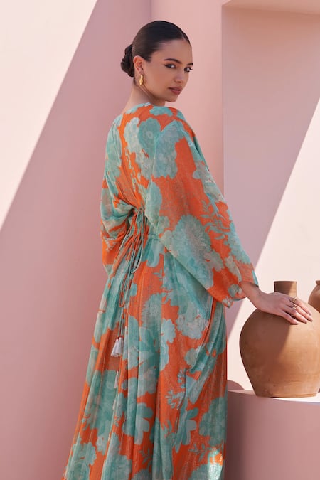 Buy Archana Shah Orange Georgette Sequins V-neck Floral Embroidered Kaftan Dress Online at Aza Fashions Buy_Archana Shah_Orange Georgette Sequins V-neck Floral Embroidered Kaftan Dress _Online_at_Aza_Fashions