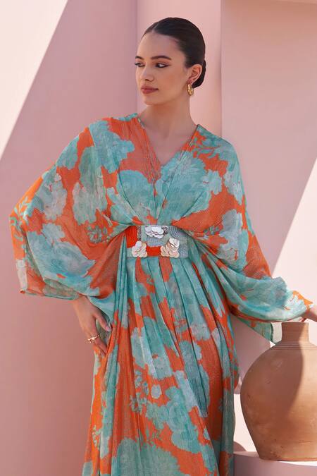 Shop Archana Shah Orange Georgette Sequins V-neck Floral Embroidered Kaftan Dress Online at Aza Fashions Shop_Archana Shah_Orange Georgette Sequins V-neck Floral Embroidered Kaftan Dress _Online_at_Aza_Fashions