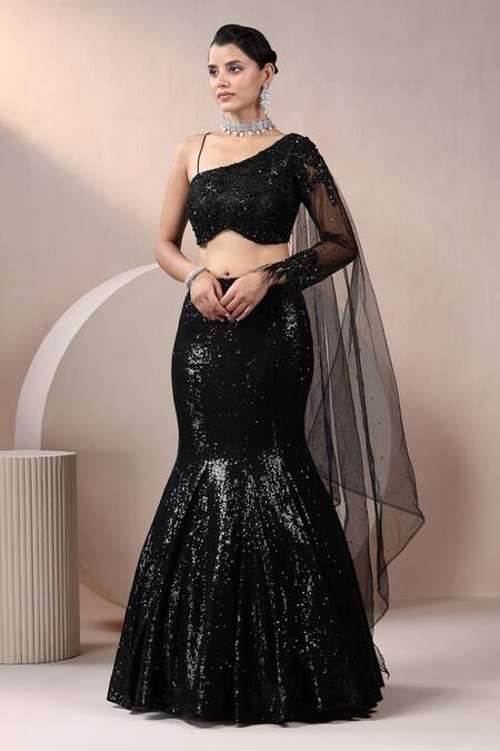 Chaashni By Maansi And Ketan_Black Net Sequins, Beads, Cut Work, Zari Mermaid Lehenga And Embroidered Blouse_Online_at_Aza_Fashions