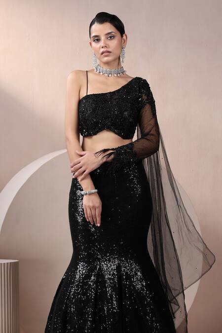Buy_Chaashni By Maansi And Ketan_Black Net Sequins, Beads, Cut Work, Zari Mermaid Lehenga And Embroidered Blouse_Online_at_Aza_Fashions