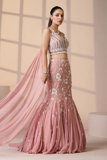 Buy Chaashni By Maansi And Ketan Pink Net, Georgette Pearls, Sequins, Cut Floral Applique Mermaid Lehenga Set Online at Aza Fashions Buy_Chaashni By Maansi And Ketan_Pink Net, Georgette Pearls, Sequins, Cut Floral Applique Mermaid Lehenga Set _Online_at_Aza_Fashions