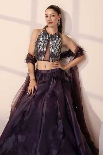 Chaashni By Maansi And Ketan Purple Organza, Net Sequins, Cut Petal Panelled Lehenga And 3d Embroidered Blouse at Aza Fashions Chaashni By Maansi And Ketan_Purple Organza, Net Sequins, Cut Petal Panelled Lehenga And 3d Embroidered Blouse _at_Aza_Fashions