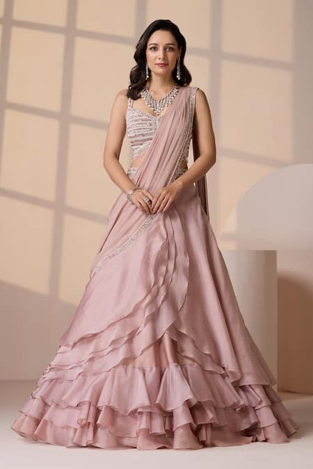 Chaashni by Maansi and Ketan Pink Pre-Draped Lehenga Saree & Blouse Set 