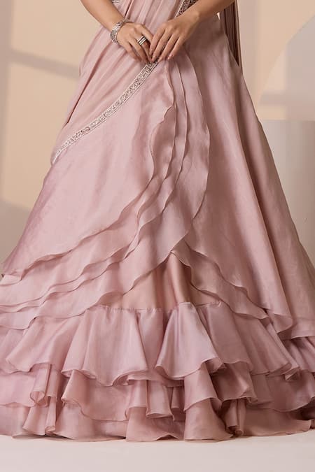 Buy_Chaashni By Maansi And Ketan_Pink Net, Satin, Georgette Pearls, Pre-draped Lehenga Saree And Blouse Set _Online_at_Aza_Fashions