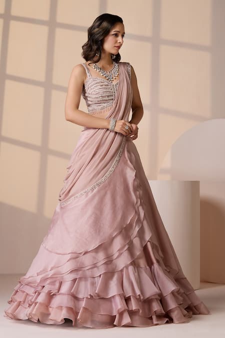 Chaashni By Maansi And Ketan_Pink Net, Satin, Georgette Pearls, Pre-draped Lehenga Saree And Blouse Set _at_Aza_Fashions