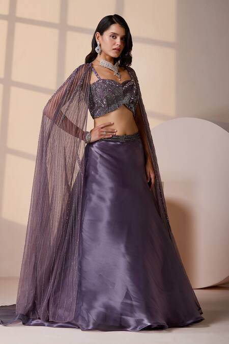 Shop_Chaashni By Maansi And Ketan_Purple Organza, Net Cut Work, Sequins, Beads Cutdana Cape And Lehenga Set _Online_at_Aza_Fashions