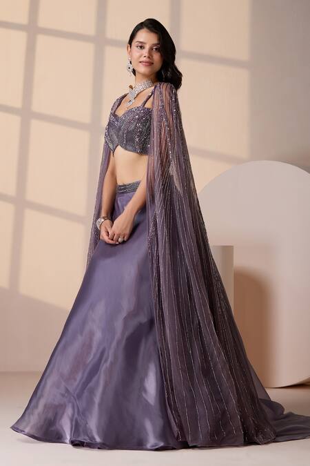Chaashni By Maansi And Ketan_Purple Organza, Net Cut Work, Sequins, Beads Cutdana Cape And Lehenga Set _at_Aza_Fashions