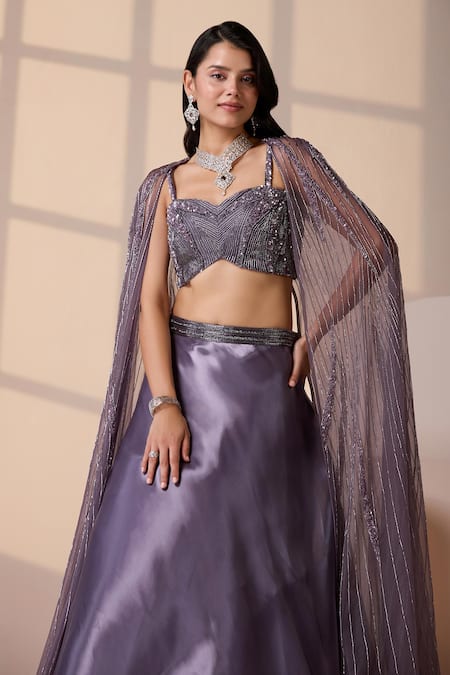 Buy_Chaashni By Maansi And Ketan_Purple Organza, Net Cut Work, Sequins, Beads Cutdana Cape And Lehenga Set 