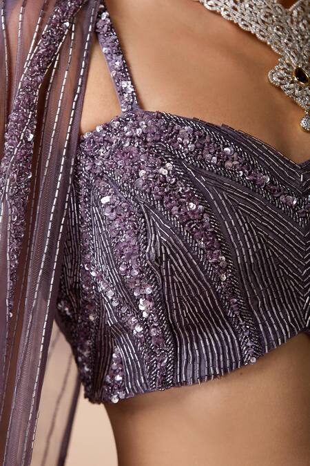 Shop_Chaashni By Maansi And Ketan_Purple Organza, Net Cut Work, Sequins, Beads Cutdana Cape And Lehenga Set 