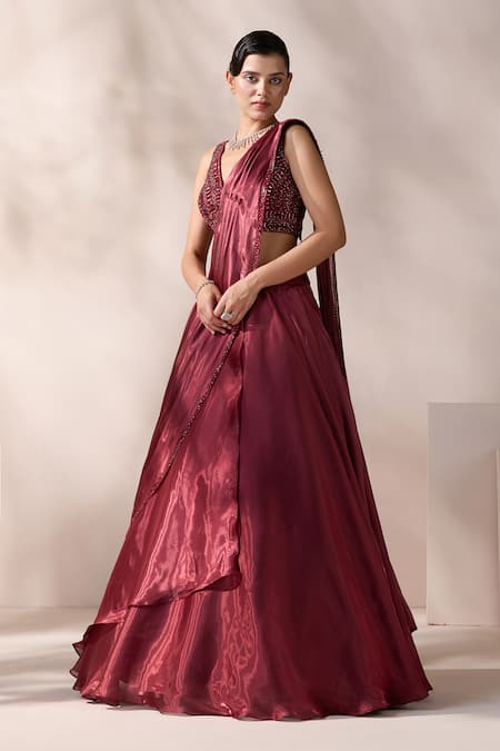 Buy_Chaashni By Maansi And Ketan_Maroon Organza Cut Work, Sequins, Pearls, Stones, Layered Panel Lehenga Saree _Online_at_Aza_Fashions