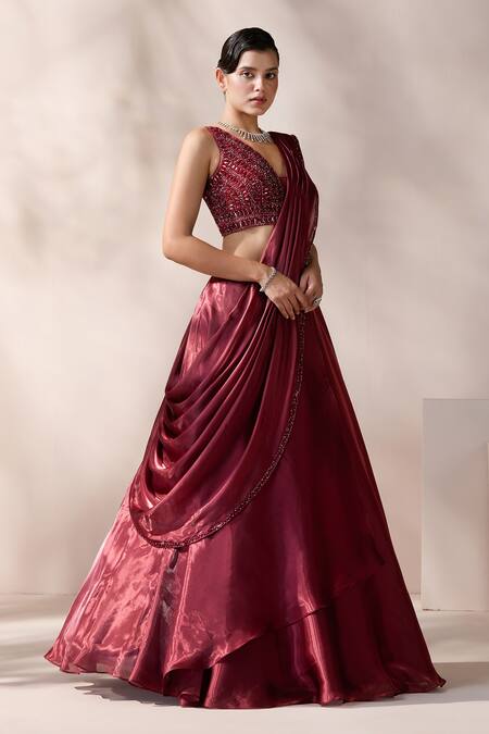 Chaashni By Maansi And Ketan_Maroon Organza Cut Work, Sequins, Pearls, Stones, Layered Panel Lehenga Saree _at_Aza_Fashions