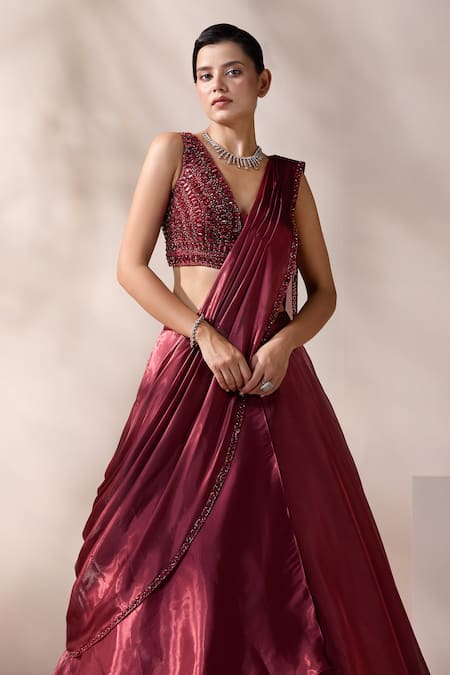 Buy_Chaashni By Maansi And Ketan_Maroon Organza Cut Work, Sequins, Pearls, Stones, Layered Panel Lehenga Saree 